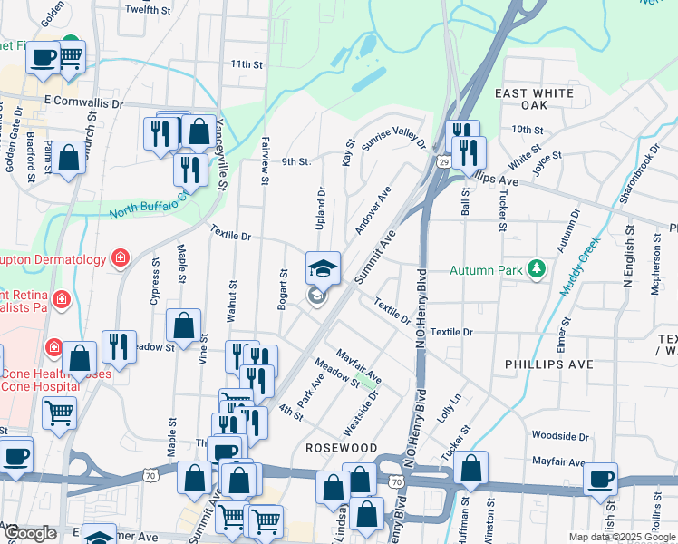 map of restaurants, bars, coffee shops, grocery stores, and more near 1500 Andover Avenue in Greensboro