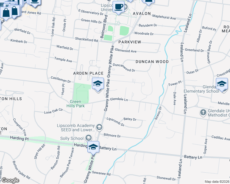 map of restaurants, bars, coffee shops, grocery stores, and more near 103 Glendower Court in Nashville