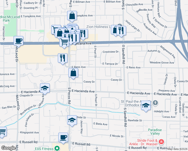 map of restaurants, bars, coffee shops, grocery stores, and more near 5180 Richmond Circle in Las Vegas