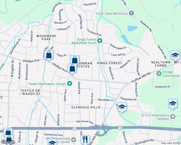 map of restaurants, bars, coffee shops, grocery stores, and more near 1409 Old Hickory Drive in Greensboro