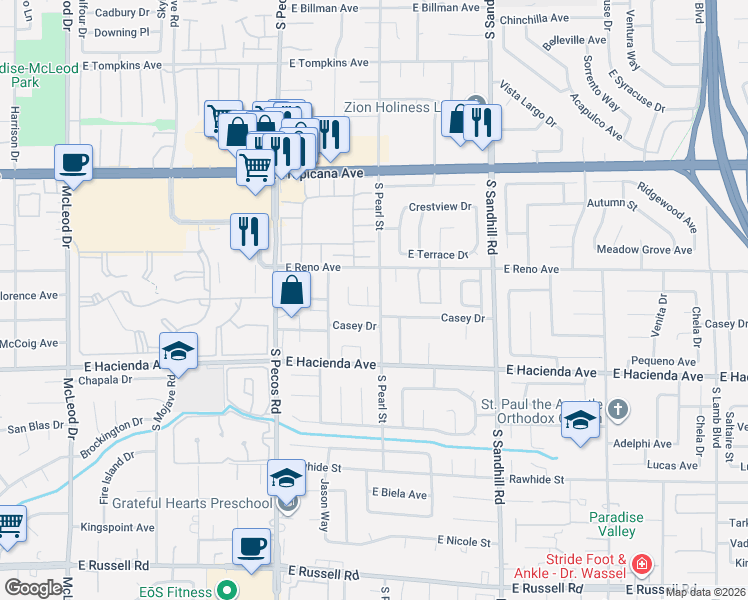 map of restaurants, bars, coffee shops, grocery stores, and more near 5140 South Pearl Street in Las Vegas