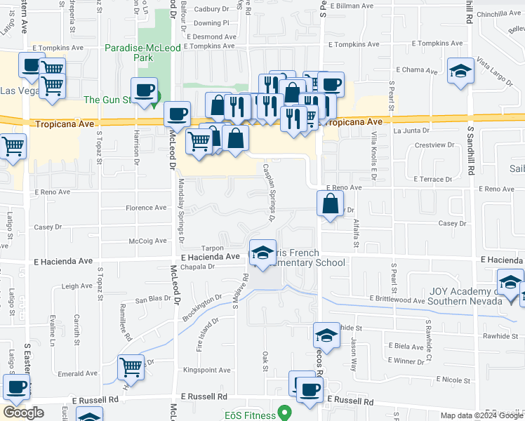 map of restaurants, bars, coffee shops, grocery stores, and more near 5171 Caspian Springs Drive in Las Vegas