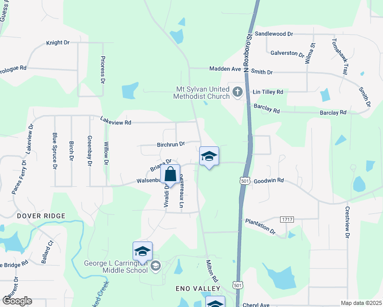 map of restaurants, bars, coffee shops, grocery stores, and more near 351 Birchrun Drive in Durham