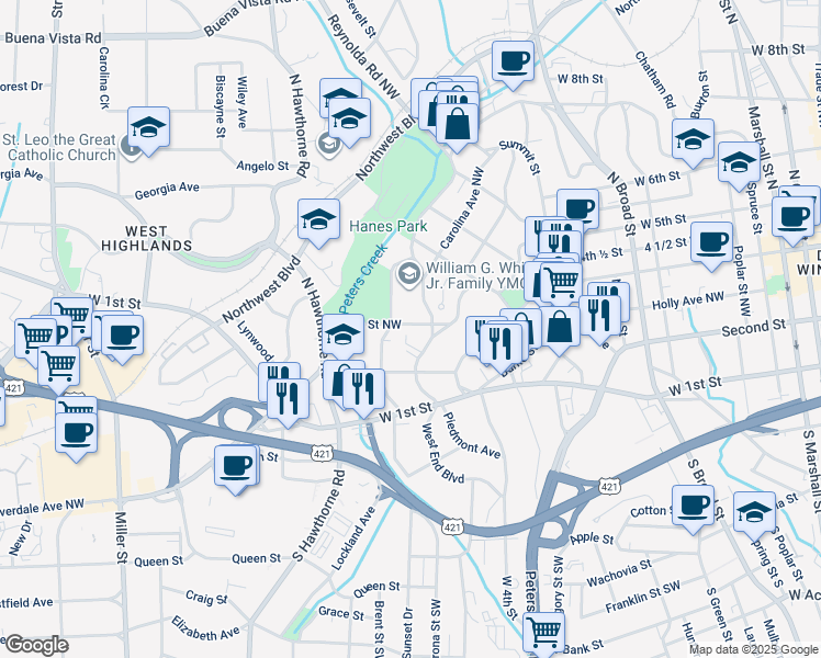 map of restaurants, bars, coffee shops, grocery stores, and more near 1306 Glade Street Northwest in Winston-Salem
