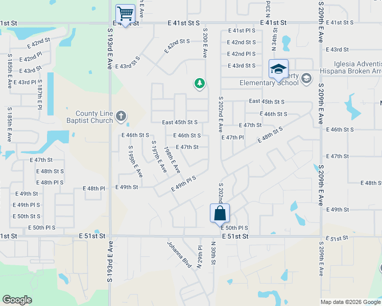 map of restaurants, bars, coffee shops, grocery stores, and more near 4711 South 199th East Avenue in Broken Arrow