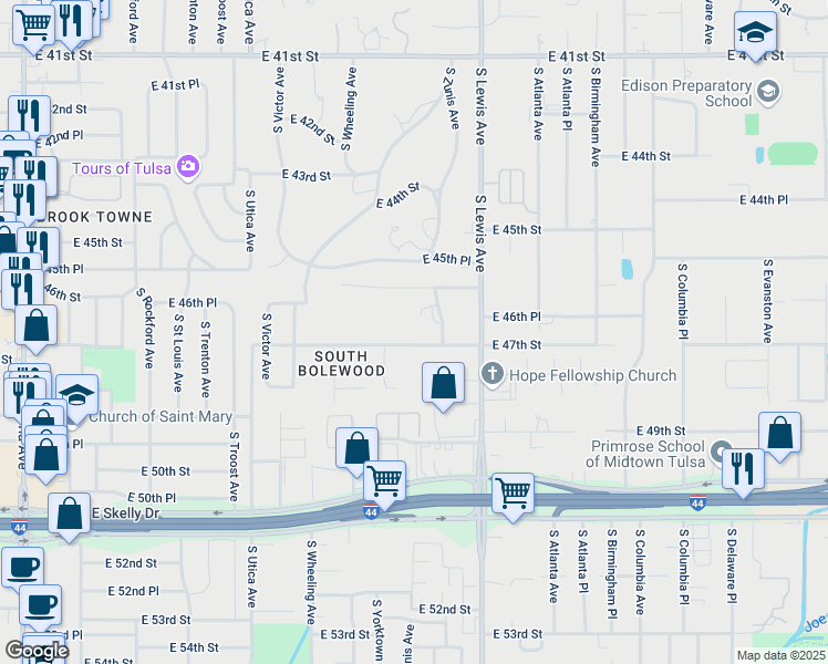 map of restaurants, bars, coffee shops, grocery stores, and more near 2119 East 47th Street in Tulsa