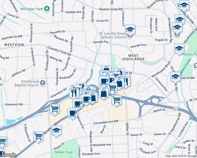 map of restaurants, bars, coffee shops, grocery stores, and more near 140 South Stratford Road in Winston-Salem
