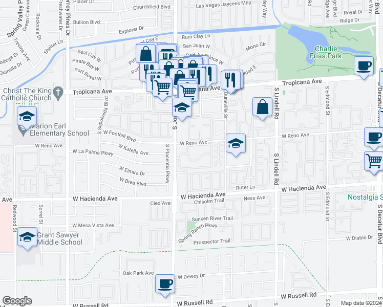 map of restaurants, bars, coffee shops, grocery stores, and more near 5166 South Jones Boulevard in Las Vegas