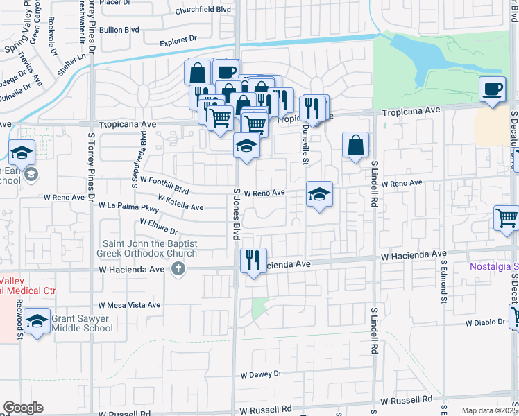 map of restaurants, bars, coffee shops, grocery stores, and more near 5166 South Jones Boulevard in Las Vegas