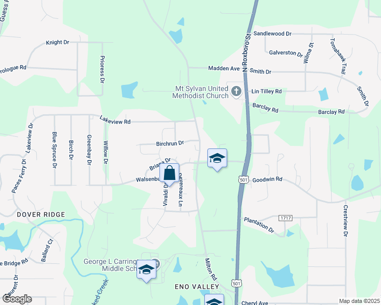 map of restaurants, bars, coffee shops, grocery stores, and more near 351 Birchrun Drive in Durham