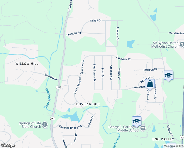map of restaurants, bars, coffee shops, grocery stores, and more near 5631 Blue Spruce Drive in Durham