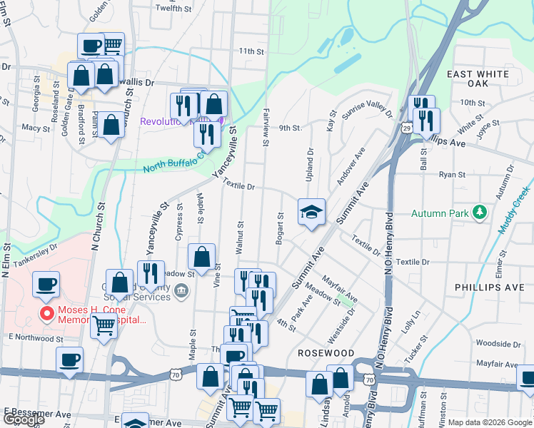 map of restaurants, bars, coffee shops, grocery stores, and more near 1416 Fairview Street in Greensboro