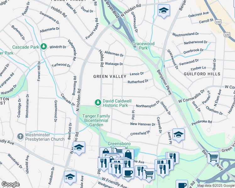 map of restaurants, bars, coffee shops, grocery stores, and more near 1204 Mc Dowell Drive in Greensboro