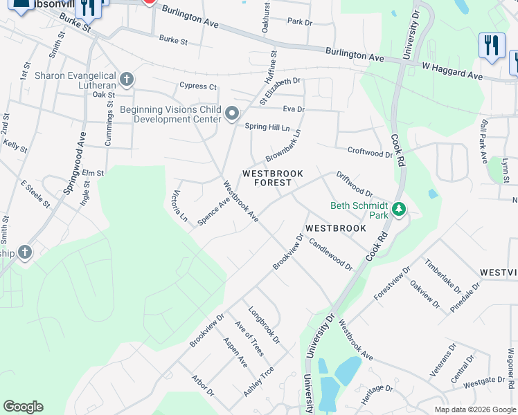 map of restaurants, bars, coffee shops, grocery stores, and more near 602 Driftwood Drive in Gibsonville