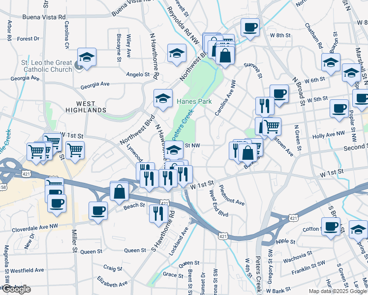 map of restaurants, bars, coffee shops, grocery stores, and more near 1416 Glade Street Northwest in Winston-Salem