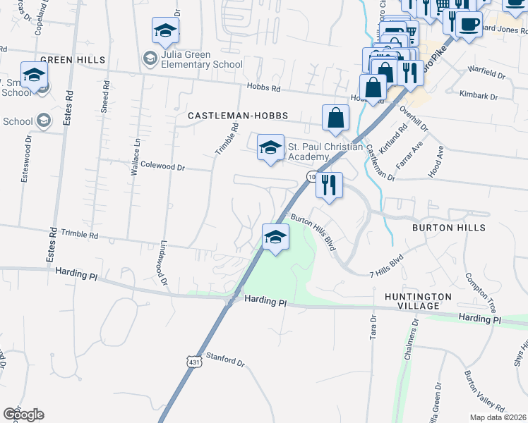 map of restaurants, bars, coffee shops, grocery stores, and more near 100 Jefferson Square in Nashville