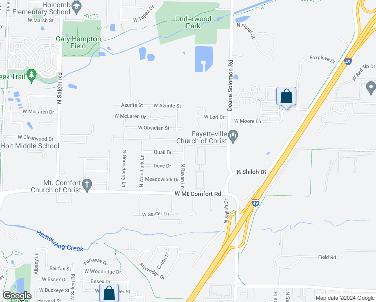 map of restaurants, bars, coffee shops, grocery stores, and more near 2394 North Raven Lane in Fayetteville