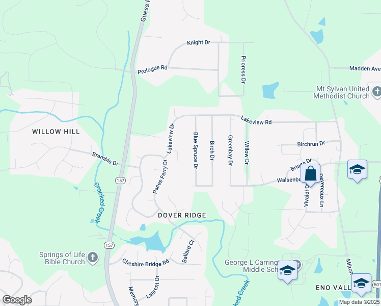 map of restaurants, bars, coffee shops, grocery stores, and more near 5631 Blue Spruce Drive in Durham