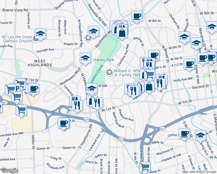 map of restaurants, bars, coffee shops, grocery stores, and more near 1318 Glade Street Northwest in Winston-Salem