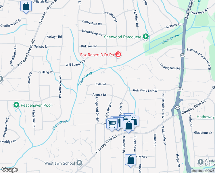 map of restaurants, bars, coffee shops, grocery stores, and more near 402 Kyle Road in Winston-Salem