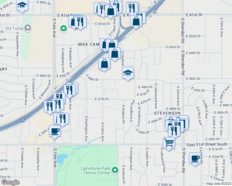 map of restaurants, bars, coffee shops, grocery stores, and more near 5561 East 47th Place in Tulsa
