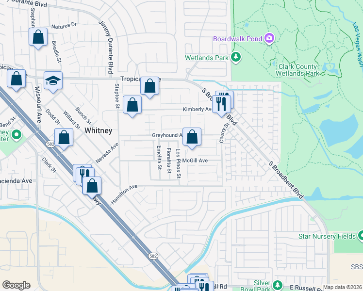 map of restaurants, bars, coffee shops, grocery stores, and more near 5150 Los Pinos Street in Las Vegas