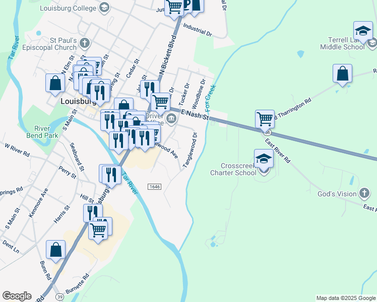 map of restaurants, bars, coffee shops, grocery stores, and more near 206 Tanglewood Drive in Louisburg