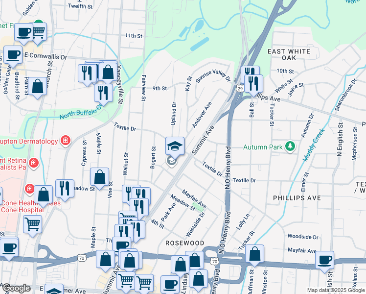 map of restaurants, bars, coffee shops, grocery stores, and more near 1500 Andover Avenue in Greensboro