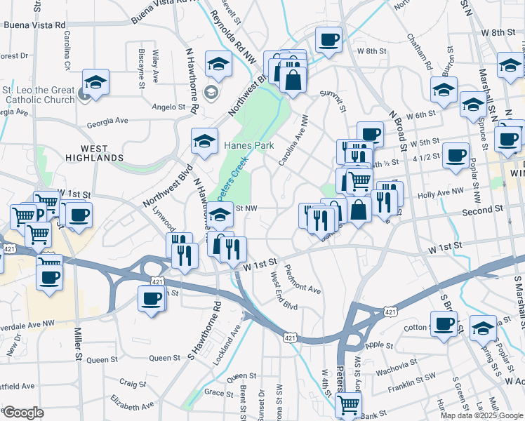 map of restaurants, bars, coffee shops, grocery stores, and more near 1306 Glade Street Northwest in Winston-Salem