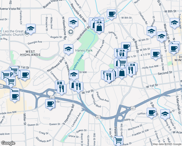 map of restaurants, bars, coffee shops, grocery stores, and more near 1306 Glade Street Northwest in Winston-Salem