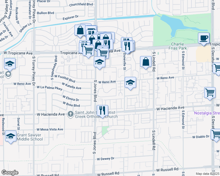 map of restaurants, bars, coffee shops, grocery stores, and more near 5150 South Jones Boulevard in Las Vegas