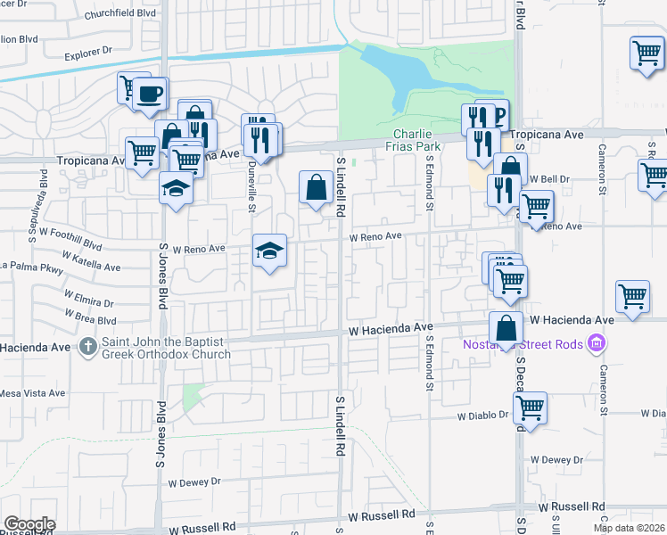 map of restaurants, bars, coffee shops, grocery stores, and more near 5138 South Lindell Road in Las Vegas