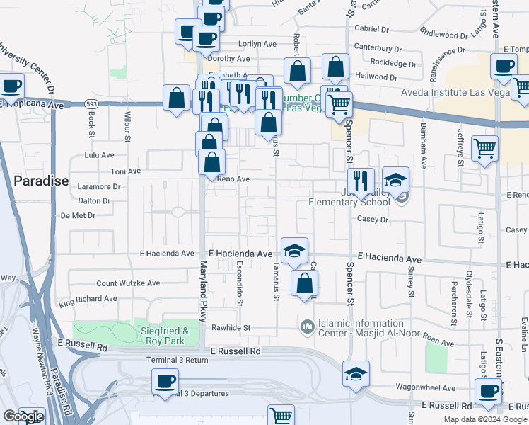 map of restaurants, bars, coffee shops, grocery stores, and more near 1461 Tamareno Circle in Las Vegas