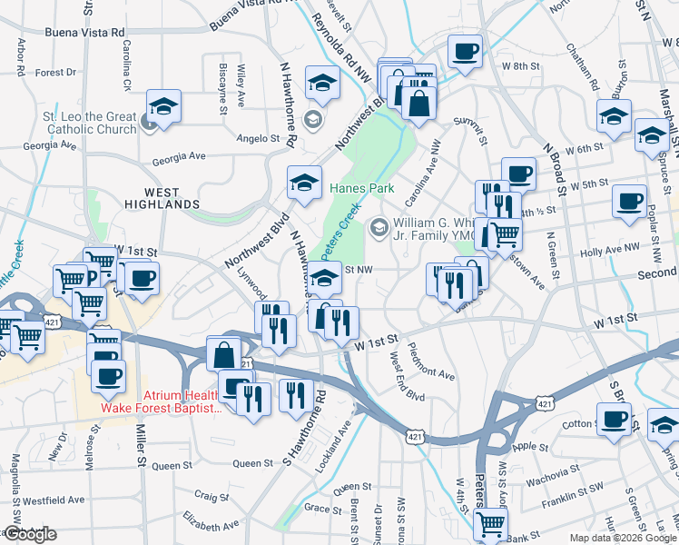 map of restaurants, bars, coffee shops, grocery stores, and more near 1426 Glade Street Northwest in Winston-Salem