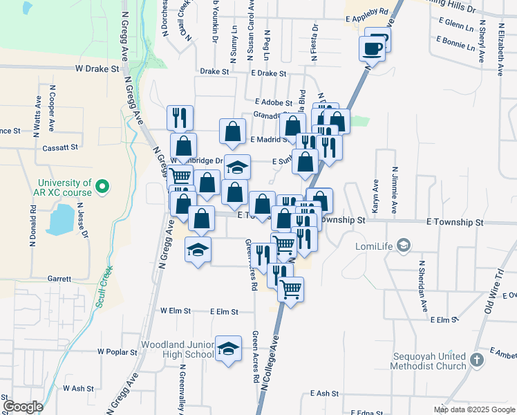 map of restaurants, bars, coffee shops, grocery stores, and more near 216 East Township Street in Fayetteville
