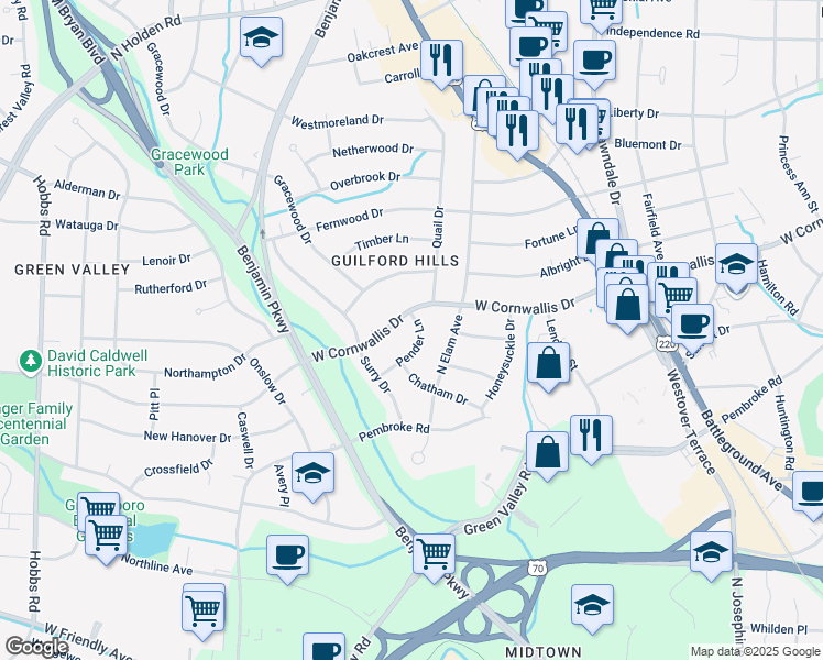 map of restaurants, bars, coffee shops, grocery stores, and more near 1116 Pender Lane in Greensboro