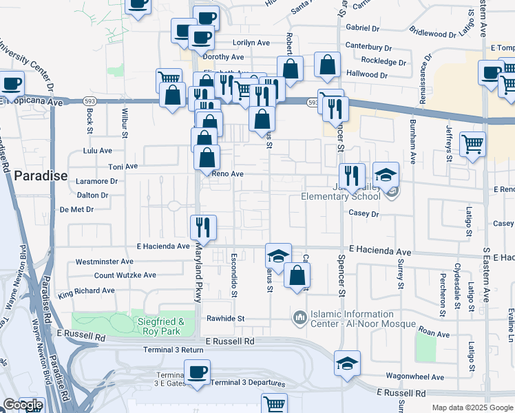 map of restaurants, bars, coffee shops, grocery stores, and more near 1461 Tamareno Circle in Las Vegas