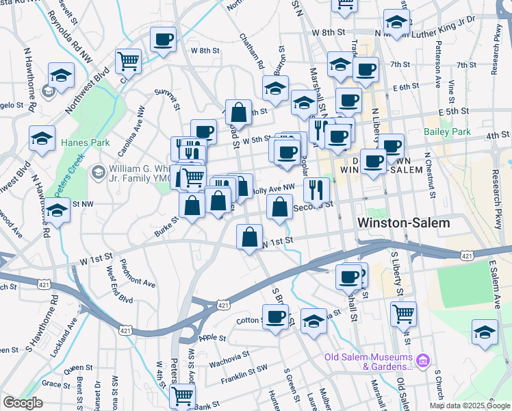 map of restaurants, bars, coffee shops, grocery stores, and more near 212 North Spring Street in Winston-Salem