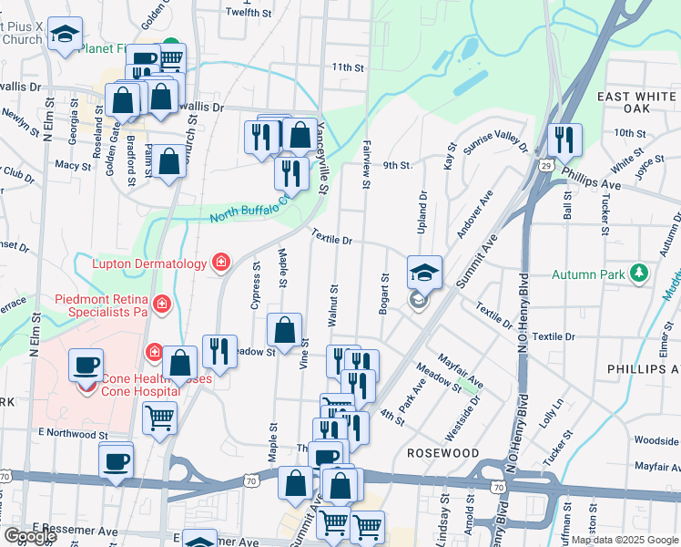 map of restaurants, bars, coffee shops, grocery stores, and more near 1412 Walnut Street in Greensboro