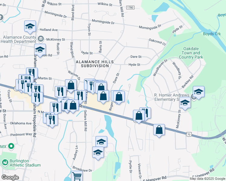 map of restaurants, bars, coffee shops, grocery stores, and more near 303 Dare Street in Burlington