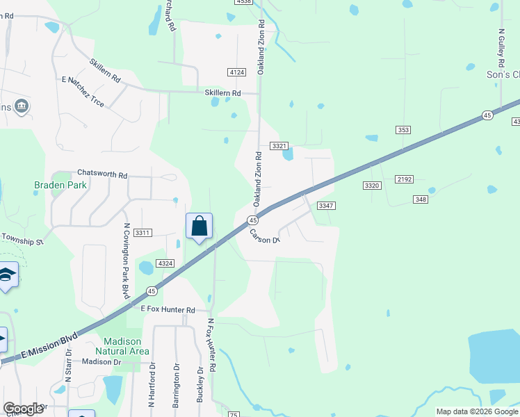 map of restaurants, bars, coffee shops, grocery stores, and more near 2500 Oakland Zion Road in Fayetteville