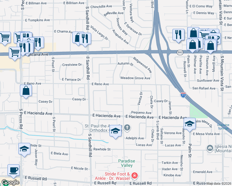 map of restaurants, bars, coffee shops, grocery stores, and more near 3959 Briarcrest Court in Las Vegas