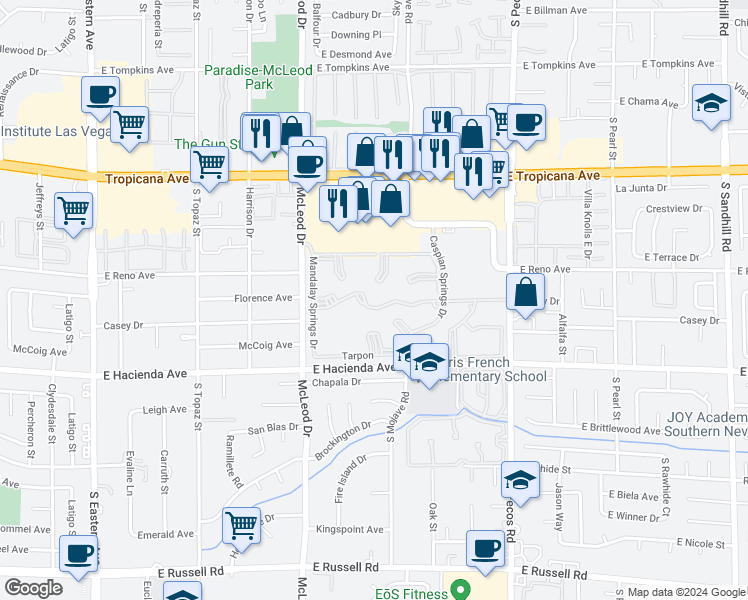 map of restaurants, bars, coffee shops, grocery stores, and more near 3070 Casey Drive in Las Vegas