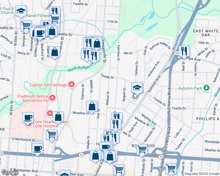 map of restaurants, bars, coffee shops, grocery stores, and more near 1412 Walnut Street in Greensboro