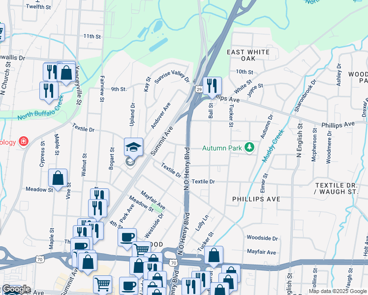 map of restaurants, bars, coffee shops, grocery stores, and more near 1414 Denim Road in Greensboro