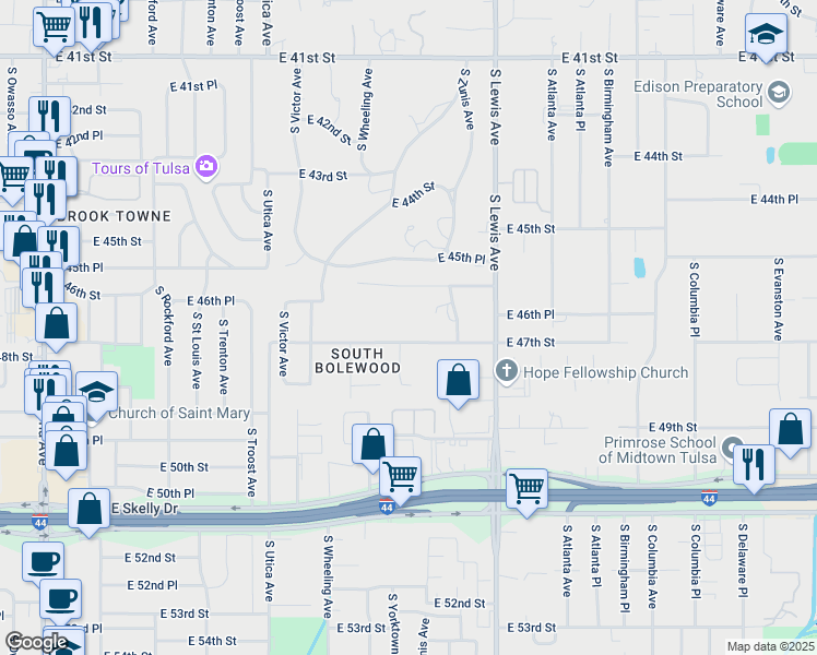 map of restaurants, bars, coffee shops, grocery stores, and more near 2119 East 47th Street in Tulsa