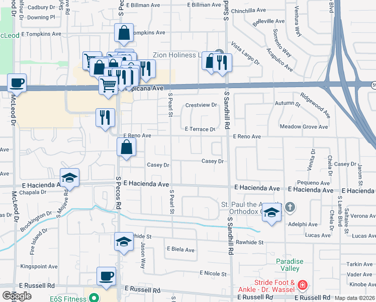 map of restaurants, bars, coffee shops, grocery stores, and more near 5171 Tennis Court Street South in Las Vegas