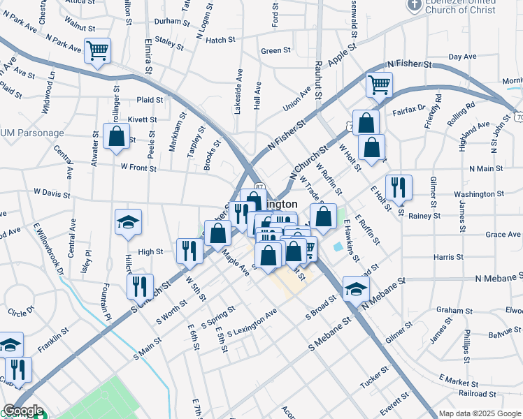 map of restaurants, bars, coffee shops, grocery stores, and more near in Glen Raven
