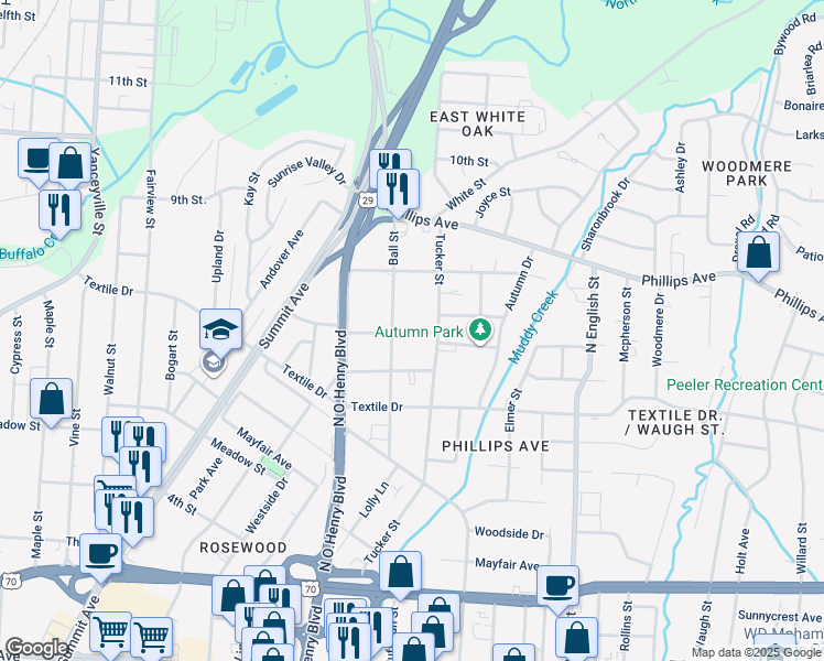 map of restaurants, bars, coffee shops, grocery stores, and more near 1512 Ball Street in Greensboro