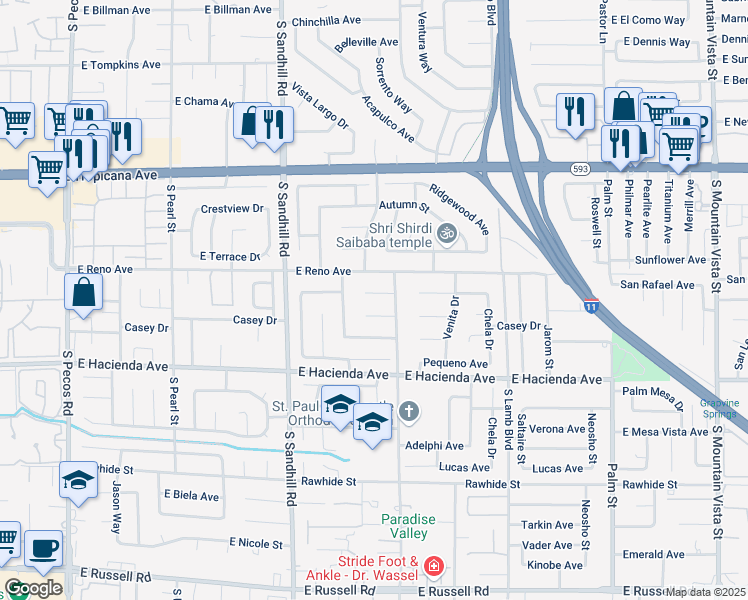 map of restaurants, bars, coffee shops, grocery stores, and more near 3980 Briarcrest Court in Las Vegas